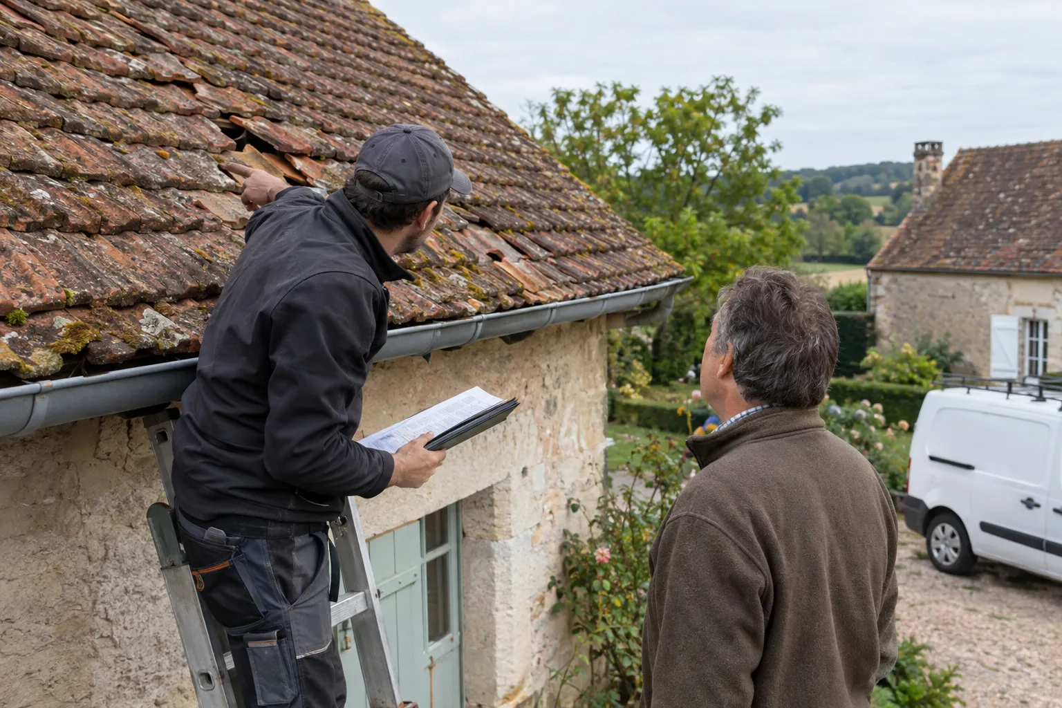 Propriétaire photographiant avec son téléphone des tuiles brisées au pied d’une maison après une tempête.