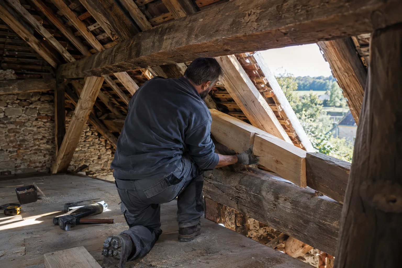 Charpente traditionnelle en bois d’une maison ancienne, vue depuis les combles, avec chevrons et pannes