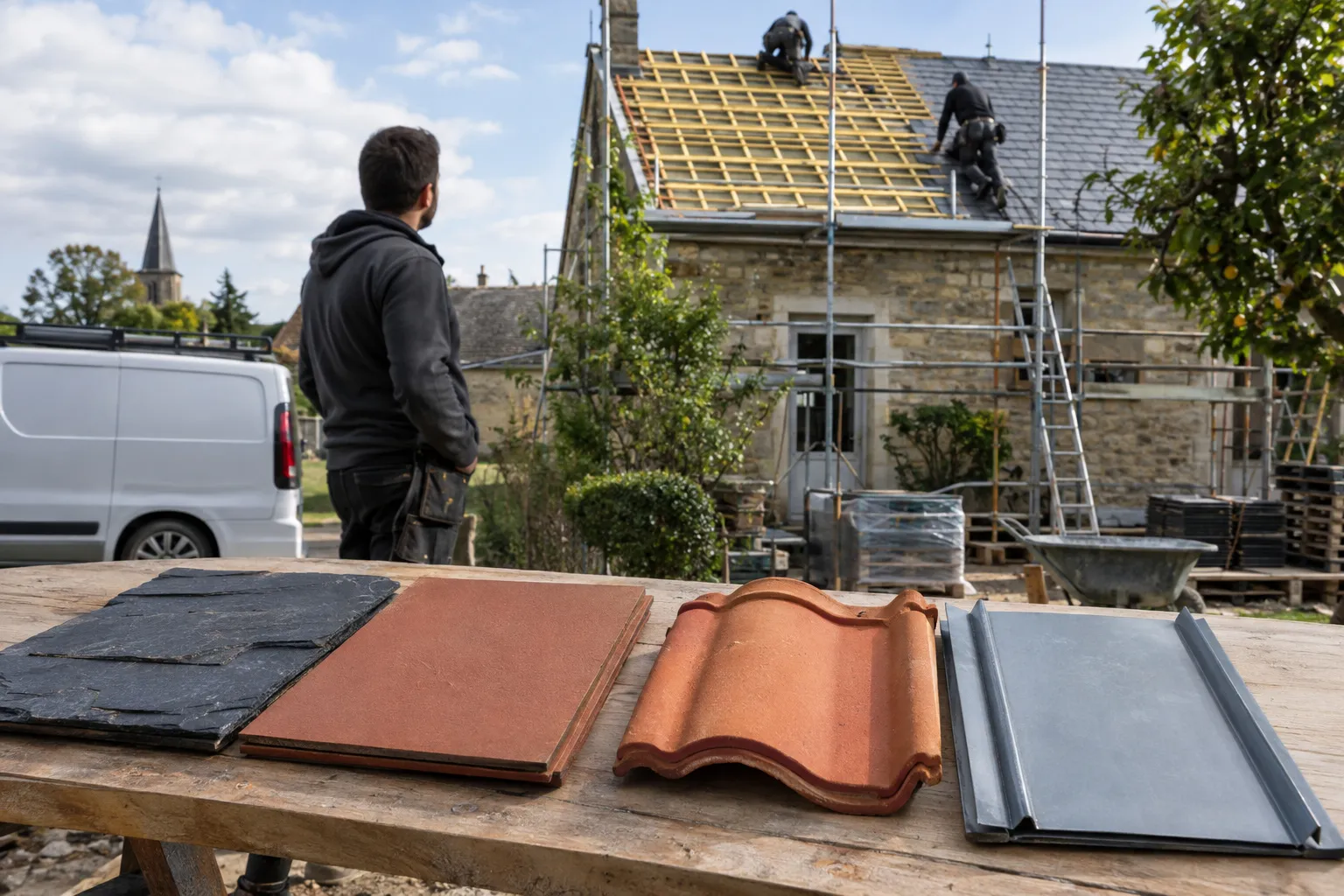 Échantillons d’ardoise, de tuile plate, de tuile mécanique et de zinc posés côte à côte sur un établi