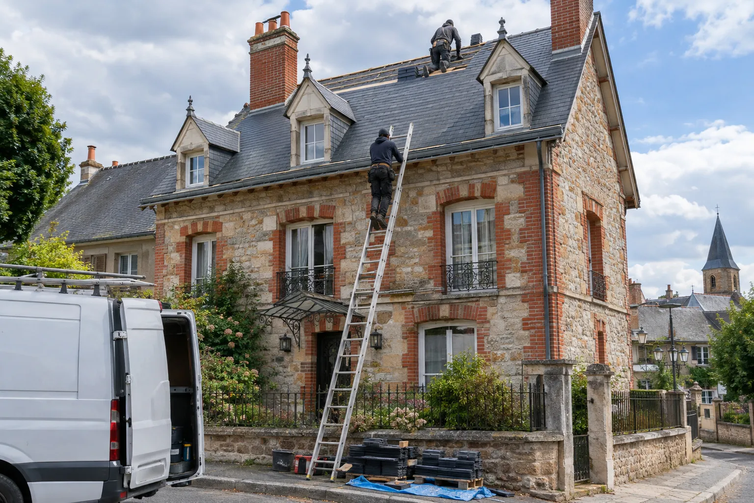 Toits de maisons de ville à Commentry, tuiles et ardoises mêlées, vus depuis une rue en pente