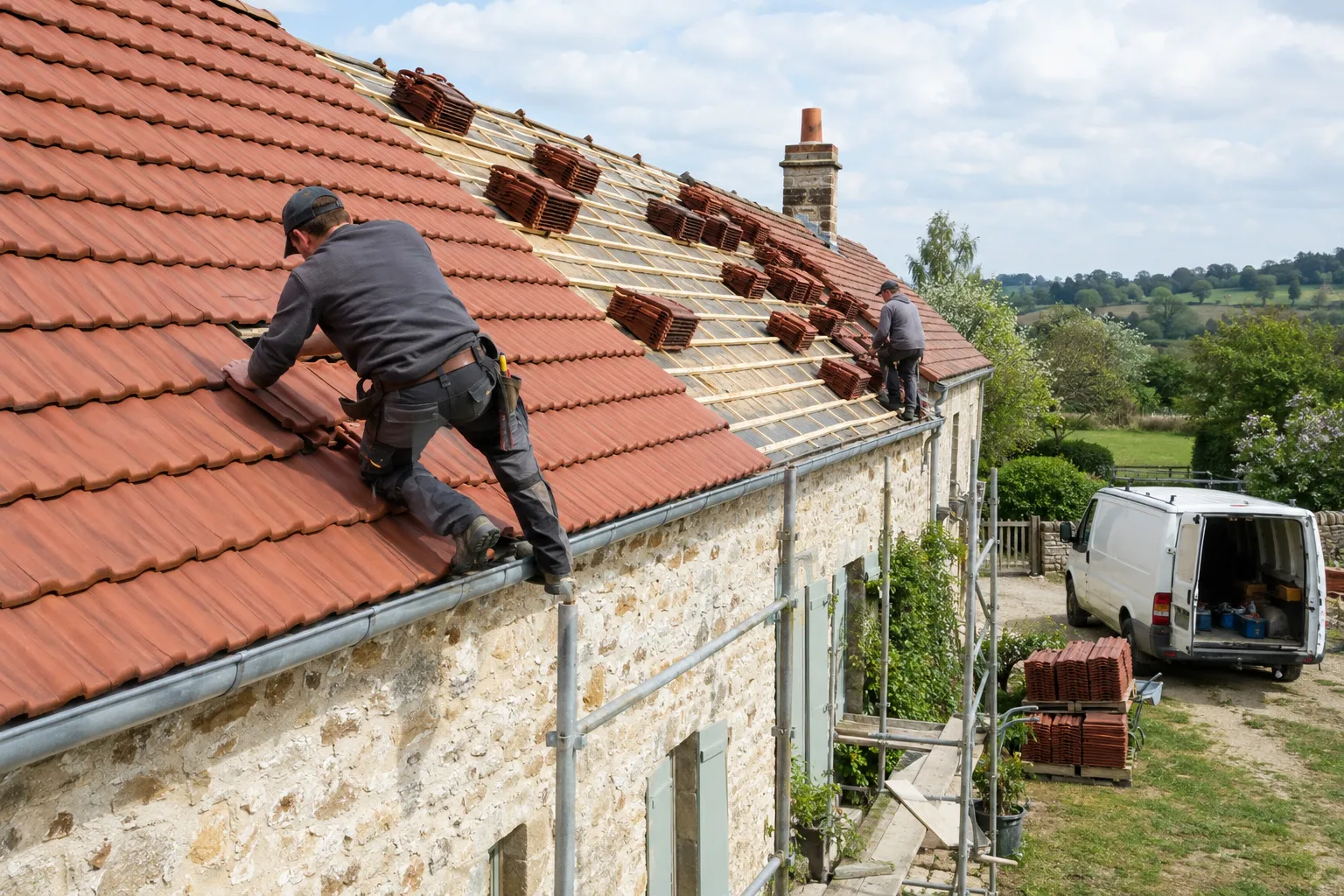 Toit de maison couvert de tuiles plates brun-rouge, avec faîtage et rives, dans le Bocage bourbonnais