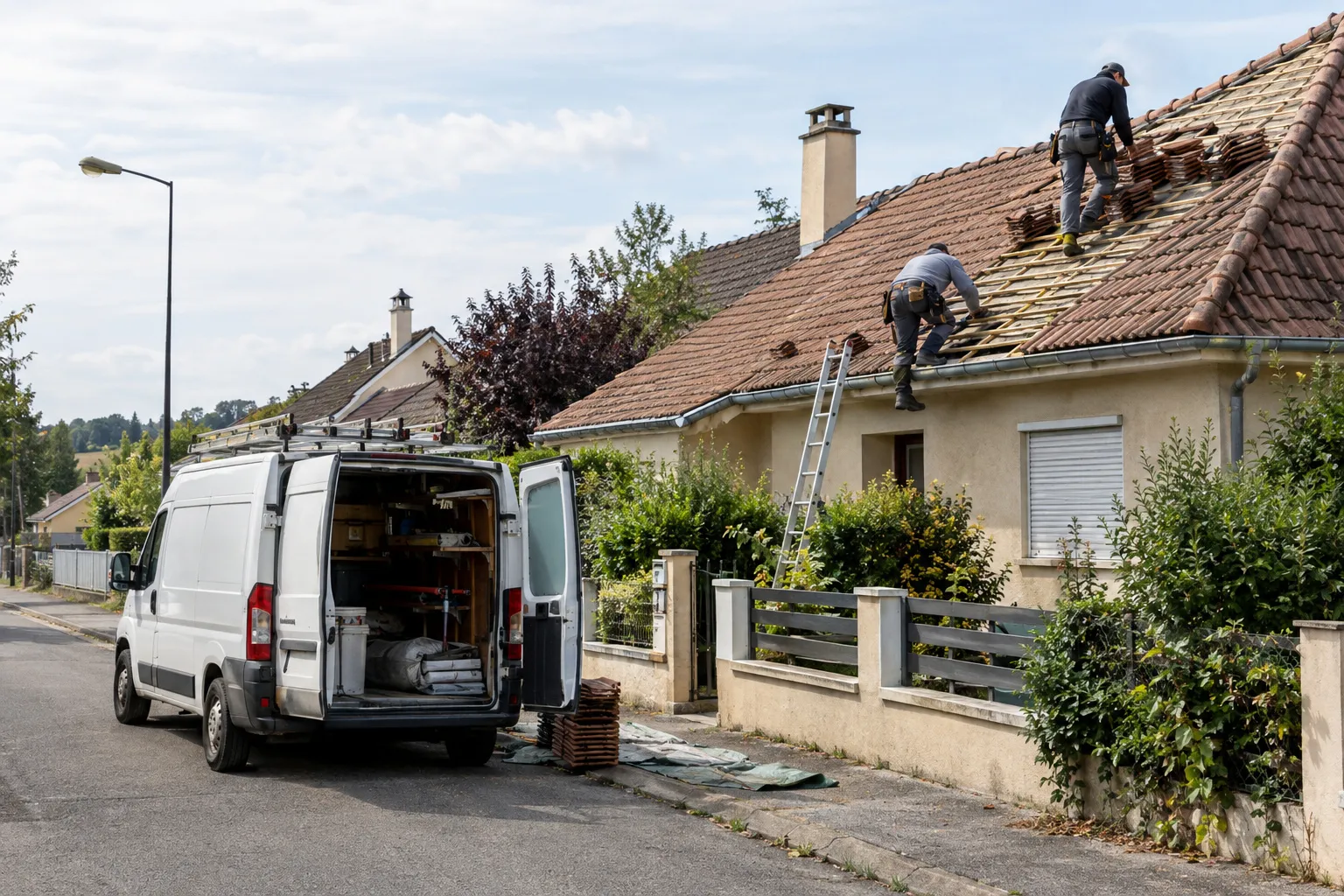Pavillon et maisons de bourg de Domérat vus de la rue, toitures de tuiles et d’ardoises