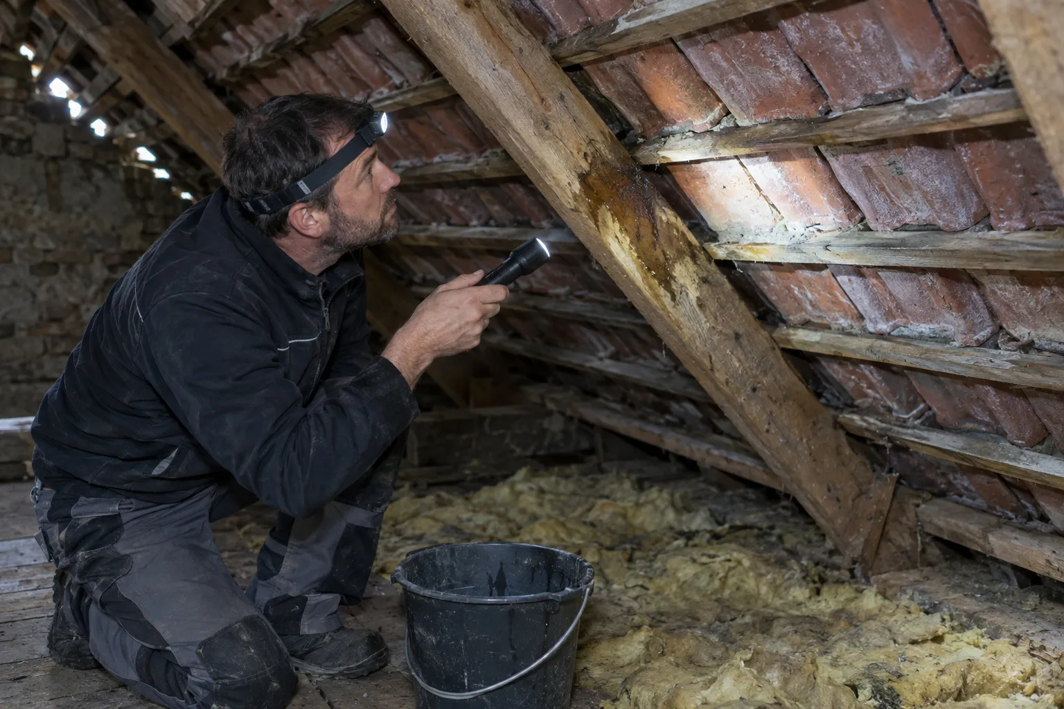 Un couvreur muni d’une lampe frontale inspecte sous les tuiles, dans des combles, une auréole d’humidité sur un chevron.