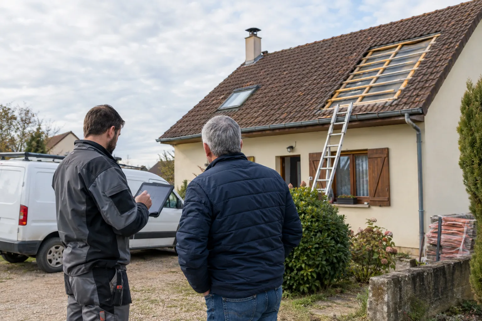 Couvreur qui mesure un versant de toiture à l’aide d’un mètre ruban avant d’établir un devis, ardoises neuves empilées à côté.