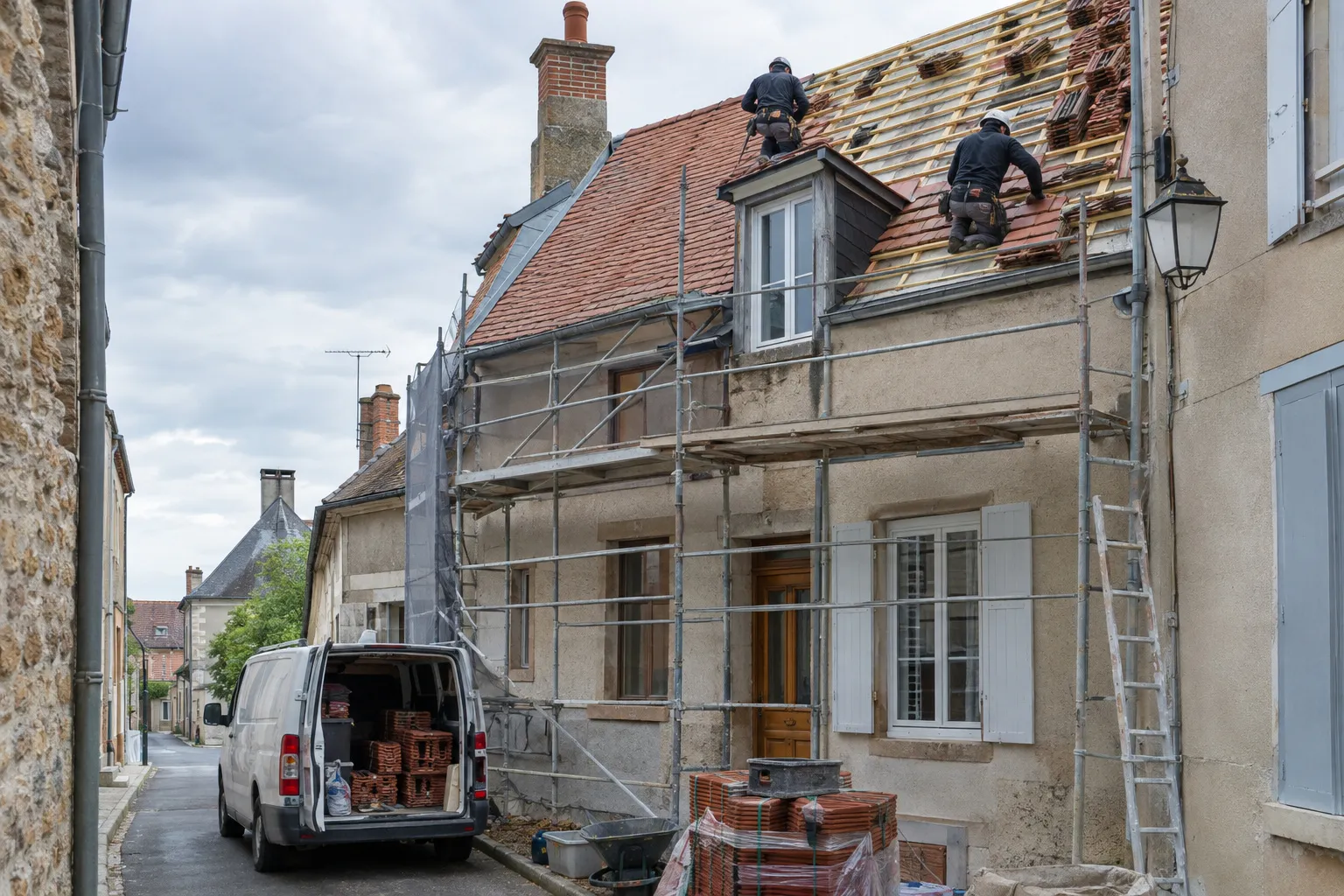 Toits de tuiles et d’ardoises d’une rue de maisons de ville à Montluçon, vus depuis un échafaudage de couvreur.