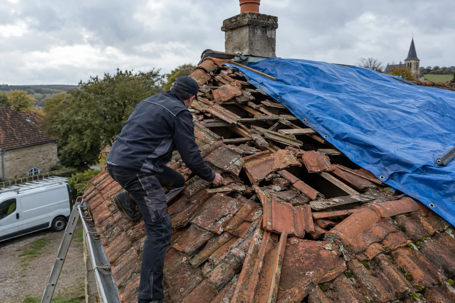 Couvreur sur une toiture de tuiles après un orage de grêle, plusieurs tuiles brisées et déplacées